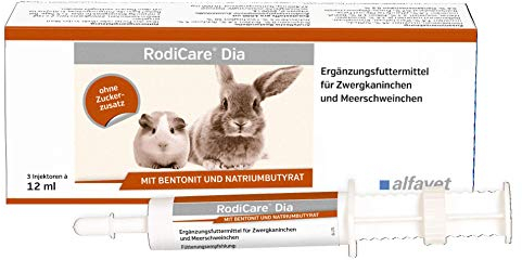 Alfavet RodiCare Dia, Ergänzungsfuttermittel für Zwergkaninchen und Meerschweinchen, bei Durchfall, mit Natriumbutyrat, zuckerfrei, 3 Injektoren à 12 ml