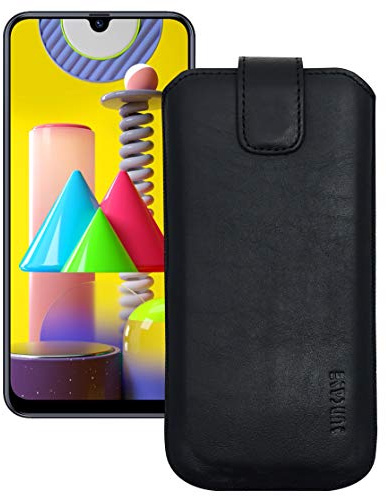 Suncase ECHT Leder Tasche kompatibel mit Samsung Galaxy M31 mit ZUSÄTZLICHER Transparent Hülle | Schale | Silikon Bumper Handytasche (mit Rückzugsfunktion und Magnetverschluss) in schwarz