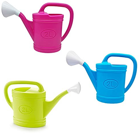Acan - Pack de 3 regaderas de plástico de 2 litros, regar Flores, Plantas de jardín, Utensilios jardinería riego, casa, balcón, terraza, Patio (Azul, Verde y Fucsia)