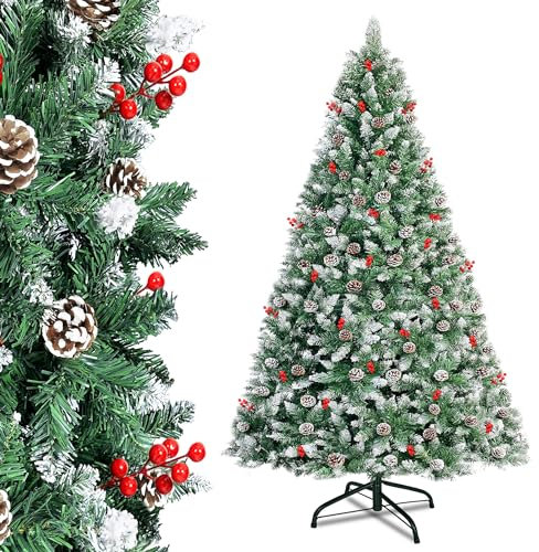 UISEBRT Weihnachtsbaum Künstlich 210cm - Grün PVC Künstlicher Christbaum Tannenbaum für Weihnachtsdeko, mit Schnee-Effekt & Tannenzapfen, inkl. Metallständer (mit Schnee-Effekt & Tannenzapfen, 210cm)