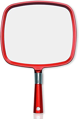 Mirrorvana Handspiegel mit Griff, Spiegel für Friseure und zum Haareschneiden, Friseursalon Frisierspiegel Groß (Rot)
