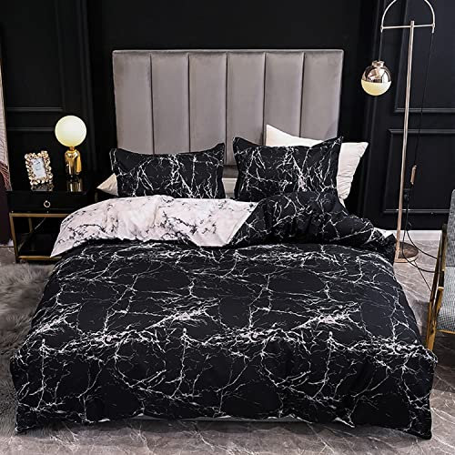 Boqingzhu Bettwäsche Marmor 200x200cm Baumwolle Schwarz Weiß Grau Bettwäsche Set Marmor Optik Wende Bettbezug 200x200cm + 2 Kissenbezüge 80x80cm mit Reißverschluss