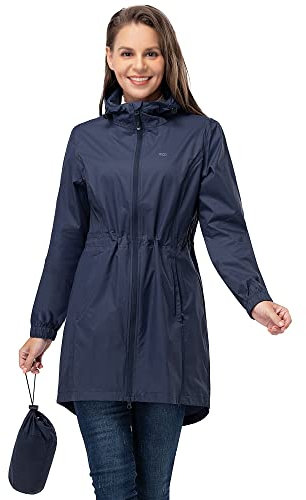 33,000ft Damen Regenjacke Leichte Kapuze Lange Regenmantel Wasserdichte Jacke Damen Packbare Funktionsjacke Windbreaker Atmungsaktiv Active Outdoor Mäntel, Marokkoblau, 42
