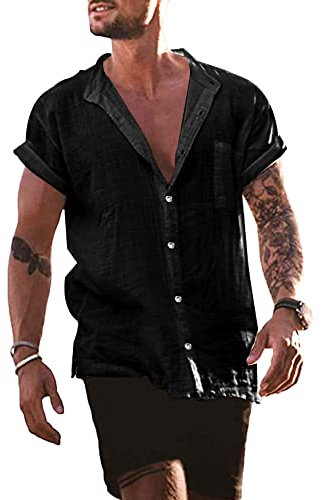 YAOBAOLE Linen Cotton Short Sleeve Shirts Mens Beach Summer Shirts Black L