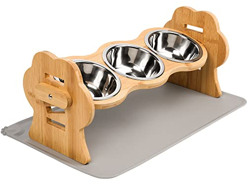 Bewahly Gamelle Chien Surélevée, Gamelle Chat avec Support en Bambou, Hauteur Réglable, Bol de Nourriture pour Petit Chien et Chat, 3 Bols en Acier Inoxydable, Porte Gamelle avec Tapis Antidérapant