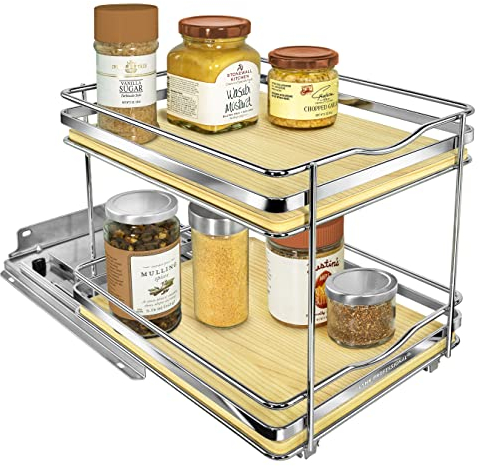 LYNK PROFESSIONAL® Élite™ Ausziehbares Gewürzregal für Küchenschränke im Inneren – 21,6 cm breit – herausziehbare Schublade – Holz/Chrom verschiebbarer Gewürzschrank Organisationsregal – 2 Etagen