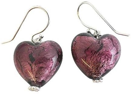 Verre de Murano avec coeur violet en boucles d'oreilles en argent sterling