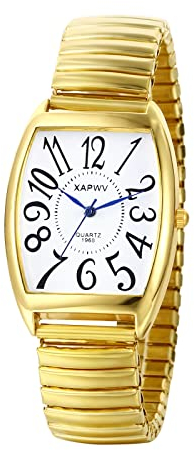 JewelryWe Uhren Herren Analog Quarz Armbanduhr Klassisch Rechteckig Elastisch Legierung Armband Beiläufige Uhr Herrenuhr mit weißem großen Digital Zifferblatt Gold