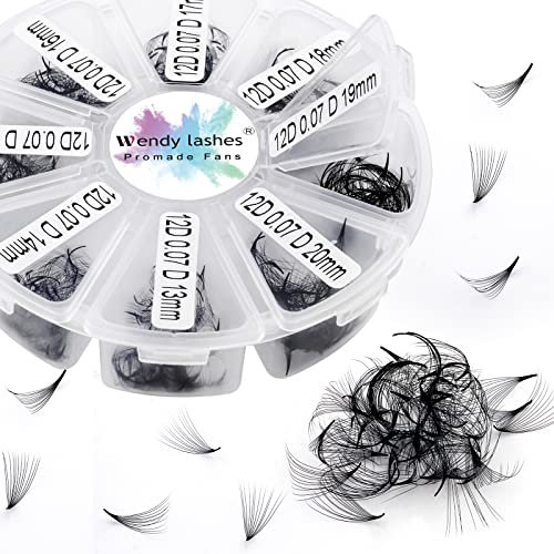 Pre Made Fan Eyelash Extensions 12D 0.07mm C Curl 500 Fans 13-20mm Mixed Tray Premium Premade Fans Volume Russian Lash Extensions Handmade Promade Loose Fans Lash(500-12D-0.07-C-1320)