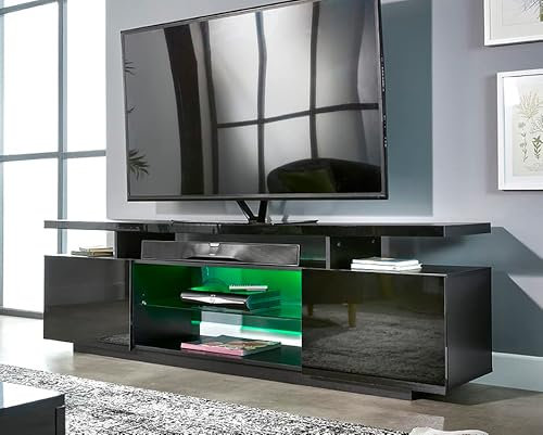 MMT Furniture Designs Ltd 180cm TV Stand - TV Stand Cabinet with LED Lights, Soundbar Shelf, Open Storage, 2 Cupboards & Gloss Finish - TV Unit for 90 TV's - White