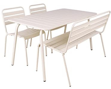 MaximaVida Gartenset Max, hergestellt aus Metall Farbe Elfenbeinweiß 150 cm, 1 Tisch 2 Stühle 1 Bank