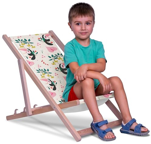DreamRoots Kinder Liegestuhl Holz Gr. S, Toucan Pastel | Klappbarer Campingstuhl faltbar, für Garten & Strand, bis 130 kg, waschbarer Bezug, 100% Polyester, UV-beständig, Kinderliege