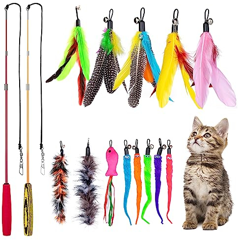 MEYDLL 15 Stück Katzenspielzeug, Interaktives Katzenspielzeug mit Federn, 2 Einziehbare Katzenspielzeuge, 1 Rosa Fisch, 2 Plüschtiere, 5 Federn und 5 Würmer, Katzenspielzeug für Kätzchen