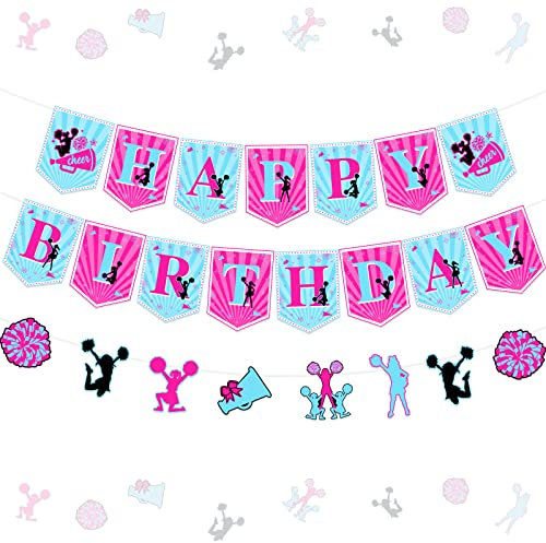 Cheerleading Happy Birthday Banner Hot Pink Blue - Cheerleader Bunting Banner Girlande, Pre-Strung Cheerleading Geburtstag Party Dekorationen Rose Red für Mädchen Cheer Gymnastik