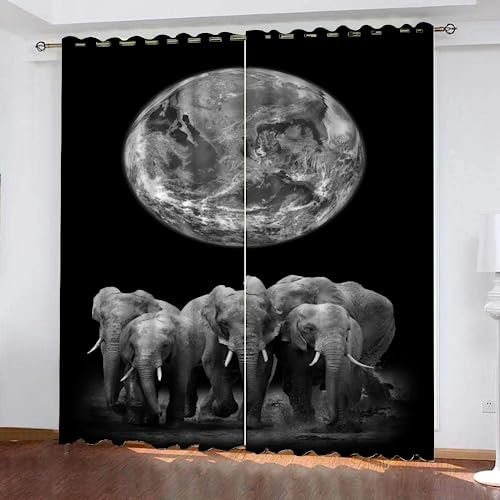 GIOVIA 3D Elefant Vorhänge Abdunkelnde Planet Elefant Kindervorhänge Vorhang mit ösen 2er Set Gardinen Blickdicht Verdunkelungs für Kinderzimmer Schlafzimmer Wohnzimmer B 110 X H 95 cm