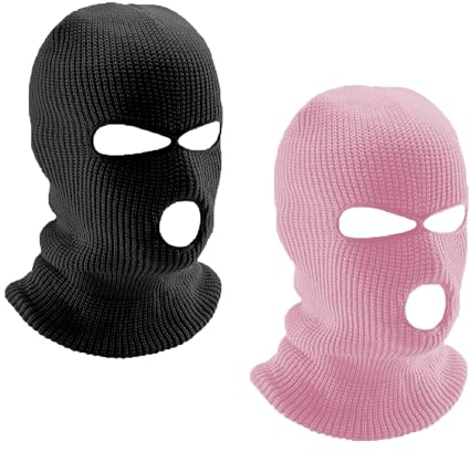 LINSOCLE 2pcs Sturmhaube 3 Loch Gestrickte Sturmhaube, Sturmmaske 3-Loch Schwarz Balaclava, Skimaske Volle Gesichtsabdeckun für Motorrad und Fahrrad(Schwarz + Rosa)