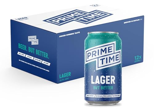 Prime Time Lager 4.2% ABV - Classic Full-Flavoured and Full-Strength Beer - 30% Fewer Calories - Light, Crisp, and Refreshing - Vegan-Friendly, Gluten-Free, Low-Sugar - 12 x 330ml Cans