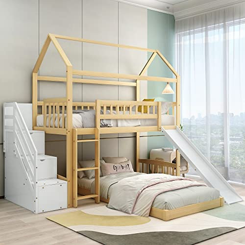 HAINEW Etagenbett 90 x 200cm mit Handlauf Stauraum Treppe und Rechtwinkliger Leiter, Massivholz Kinderbett Hausbett mit Fallschutz und Gitter, Holzbett mit Rutsche, Für Zwei Kinder, Natur+Weiß