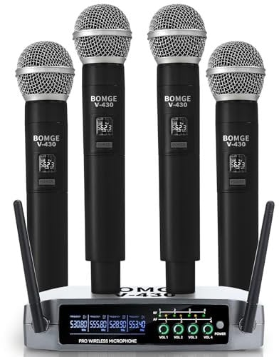 BOMGE Sistema di microfono senza fili, set di microfono wireless Pro a 4 canali con quattro microfoni a mano, frequenza fissa, lungo raggio di 200 piedi, ideale per chiesa, karaoke, eventi