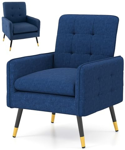 Multigot Modern Accent Armchair, Upholstered Linen Fabric Leisure Chair with Solid Metal Legs and Adjustable Foot Pads, Resting Single Sofa Chair for Living Room Bedroom Office (Blue)