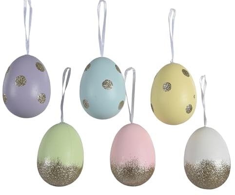 Ostereier zum Aufhängen 9cm 6 Stück mit Glitzer - Plastikeier mit Aufhänger - Kunststoff Deko Eier für Ostern - Kunststoffeier als Osterdeko Hängedeko Frühlingsdeko bruchfest - Pastell Mix