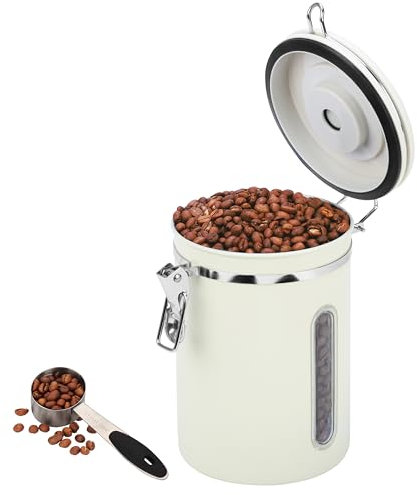 BELLE VOUS Bote Hermetico para Cafe 1,8 l - Tarro Blanco de Almacenaje de Cocina con Indicador de Fecha Dosificador y Válvula de CO2 - Botes Vintage para Café en Grano o Molido