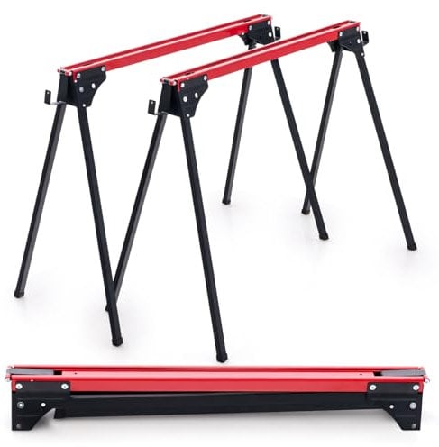 TANGZON 500kg Folding Saw Horses Twin Pack, 2PCS Heavy Duty Workbench Metal Trestle Stands with Quick Open Legs & 2 x 4 Support Arms, Portable Sawhorses Pair (Red+Black)