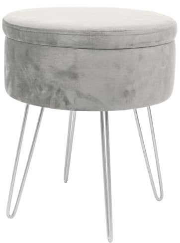 Harbour Housewares Velvet Round Foot Stool with Storage - Grey with Silver Legs - Modern Dressing Table Pouffe Footstool Vanity Seats Vanity Chairs Footstools for Living Room, Bedroom
