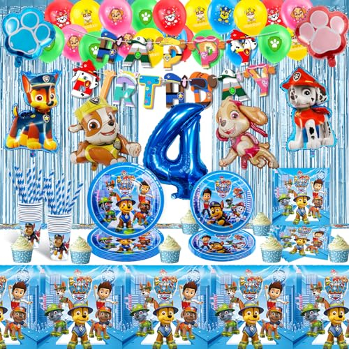 WD3 90PCS Dog Pappteller Kindergeburtstag+Geburtstag Deko, Geburtstag Geschirr Set, Tortendeko Geburtstag, Becher Servietten Tischdecke Set Partygeschirr Geburtstag Kindergeburtstag für 20 Personen