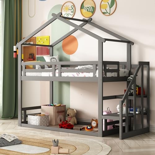 Etagenbett Kinderbett 90 x 200 mit Treppe & Stauraum, Hochbett Hausbett für 2 Kinder, Massivholz Stockbett Jugendbett Doppelbett, Baumhaus Bett mit Rausfallschutz und Lattenrost, Grau, Ohne Matratze