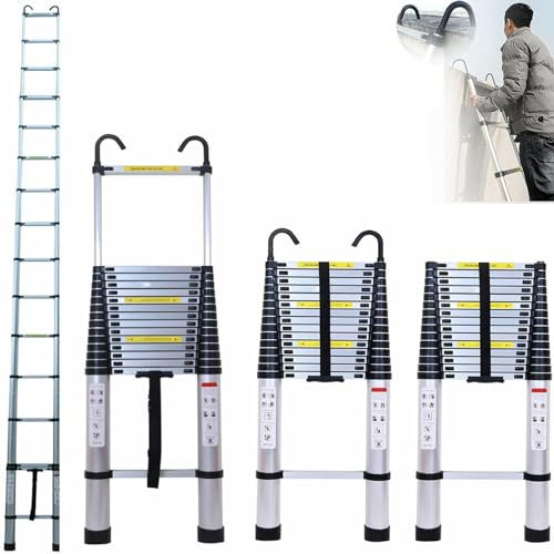6.2M Telescopic Folding Ladder with hooks, 20.3FT Multi-Purpose Aluminium Loft Ladder Extendable Portable Telescoping Ladder Lightweight Collapsible Ladder for Outdoor Indoor Work, 330lb Capacity