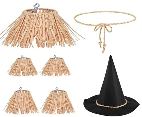 MEISH 7 Pieces Scarecrow Costume Set Adult Deluxe Felt Scarecrow Hat Rope Raffia Scarecrow Straw Kit Halloween Party Accessories for Men and Women