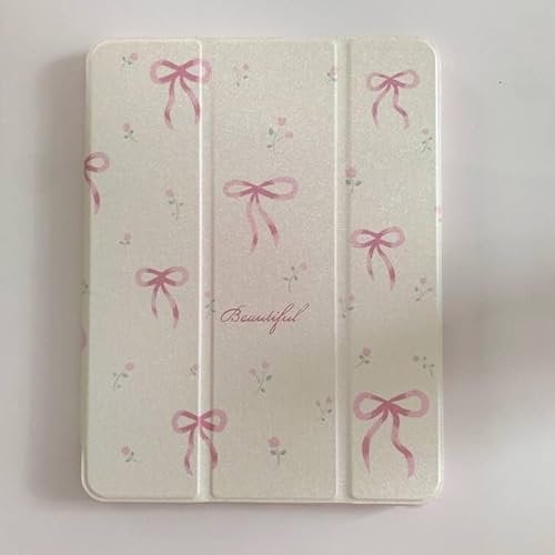 Adjustable Kickstand Mirror Leather Hard Folio Case for Apple Cream White Color Pink Bow Ribbon Beautiful Floral Cute Chic Adorable Lovely Girls Kids (for iPad Air 5 10.9-inch 5th Generation 2022)