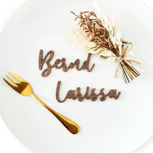 Schriftzug Hochzeit Tischkarten Personalisiert – Originelle Tischkarten Personalisiert aus Holz – Namensschriftzug Hochzeit (Dunkelholz - Walnuss, Moderne Schriftart)
