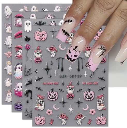 5D Halloween Nail Stickers, 4 Sheets 5D Self-Adhesive Embossed Pink Nail Decal Pumpkin Ghost Nail Art Decoration Design Supplies