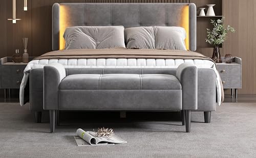 MSMOK Polsterbänke mit Armlehne, Bettbänke, Betthocker, Bänke für das Schlafzimmer, Klavierbänke, Esszimmerbänke mit Steppmuster, Samt, MDF, Grau