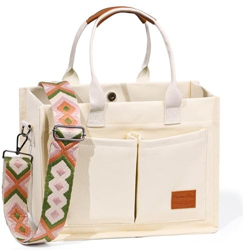 Captain Blues Canvas Tasche Damen, große Tote Bag, Arbeitstasche Damen, Handtasche Umhängetasche Schultertasche mit Fächern für Uni, Schule, Shopper (Beige)