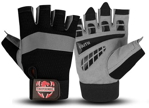 FIGHTSENSE Fitness-Handschuhe für Männer und Frauen, Gewichtheber-Handschuhe, verbesserter Grip, gepolsterte Handfläche, verstellbare Handgelenksriemen, atmungsaktive Fitnessübungen (Grau, M)