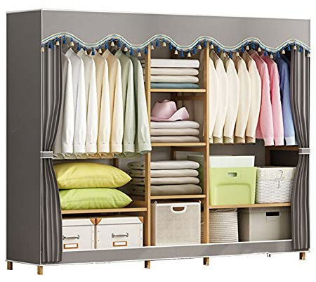 Stabiler Kleiderschrank aus Massivholz, Schwerer Kleiderschrank mit großer Kleideraufbewahrung, graues Kleiderregal für Herrenschlafzimmer (Größe: 163 x 200 x 44 cm)