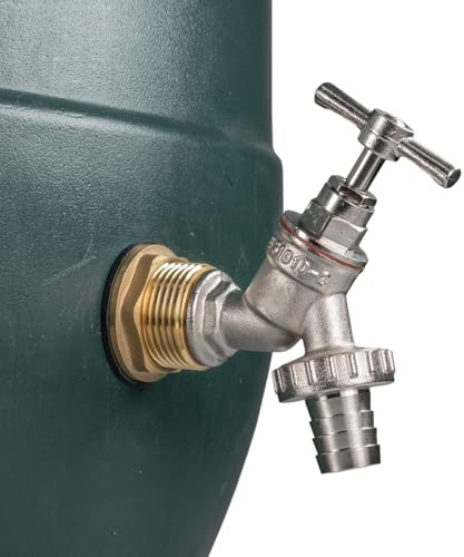 3/4 Water Butt Replacement Faucet – Brass Metal Lever Tap with UK Bib Outlet & Hose Barb Adapter,Quick Connect Garden Hosepipes (Nickel Plated Brass Bib (Barbed))