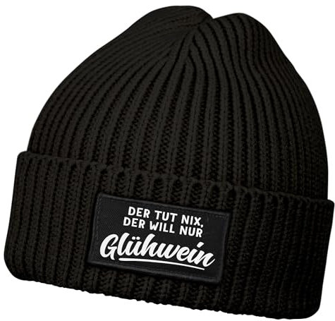 MoonWorks® Herren Beanie mit Patch Strickmütze mit Spruch Der TUT nix, der Will nur Glühwein Aufdruck Lustig Mütze Männer Schwarz Unisize