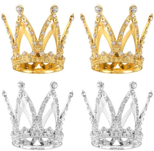 4pcs Mini Crown Cake Topper,UHOMENY Gorgeous Crystal Crown Cupcake Topper Girl Crown Headdress Birthday Wedding Party Flower Crystal Crown Decoration Ornament (Gold Silver)