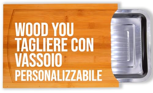WOOD YOU Tabla de cortar de bambú con bandeja de acero inoxidable, personalizable con grabado láser, recogedor de residuos extraíble, 35 x 25 x 4 cm