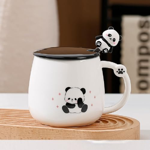 VollfitYYu süße Pandatasse mit Deckel lustige Kaffeetasse mit 3D Panda Löffel Keramik Kaffeebecher Cute Pandabecher Panda Motiv Teetasse für Frauen Kinder Männer Freundin Jungen (Denken-Panda)