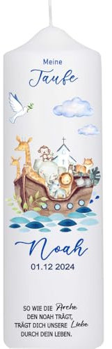 Bedruckte Kerze - Taufkerze Arche Regenbogen - brilliant bedruckte Kerze zur Taufe - Personalisiertes Taufgeschenk für Mädchen & Jungen - Hochwertige Stumpenkerze 250/80 mm - Farbe: Blau