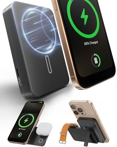 KU XIU Power Bank Magnetico Ricarica Rapida,10000mAh 3 in 1 Caricatore Portatile,15W Pieghevole Wireless PowerBank,Caricatore Stazione Metallo Viaggio per iPhone 16 15 14 13 12,per Apple Watch