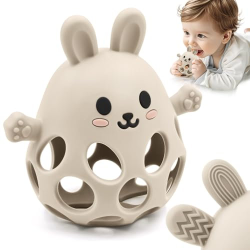Hasenform Beißring Spielzeug für Baby, Silikon Beißspielzeug für Autistische Kinder, Zahnungshilfe Spielzeug für Neugeborene Babys 0 3 6 12 18 Monate Jungen Mädchen Ostern Baby Dusche Geschenke, Beige