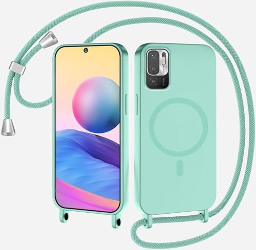 SLWYF Coque Compatible avec Xiaomi Redmi Note 10 5G/Poco M3 Pro 5G avec Cordon, Compatible avec MagSafe, Collier pour Étui Colliers de cellulaire Antichoc Réglable Lanyard PU Bumper Case, Menthe Verte