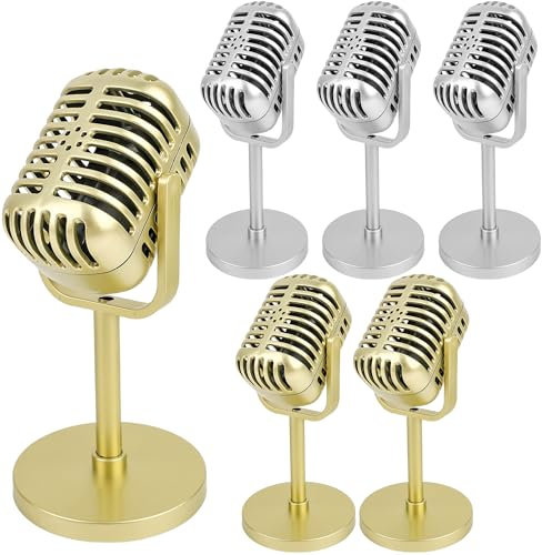 6 Pack Retro Style Microphone Prop Gold Fake Microphone Model with Stand Classic Vintage Plastic Microphone Prop for Halloween Role Play Hip Hop Rock Music Party Decor (Golden and Silver)