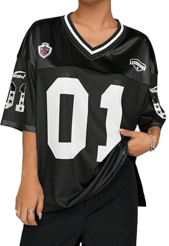 GORGLITTER Damen Y2K T-Shirt Halbarm Sportshirt mit Patches V Ausschnitt Sommershirt Locker Jersey Oberteile Oversize Sporthemd Casualshirt Schwarz M